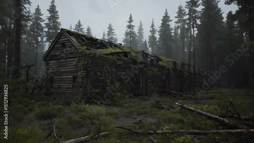 Derelict military barrack in dense forest