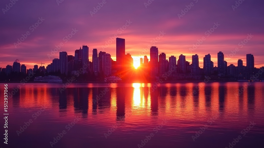 Obraz premium Urban silhouette at dusk: a city skyline bathed in the glow of the setting sun