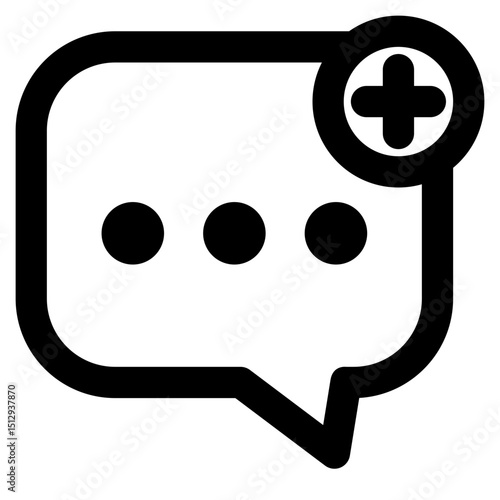 Black and white image of a speech bubble with a plus sign in the middle. The speech bubble is open