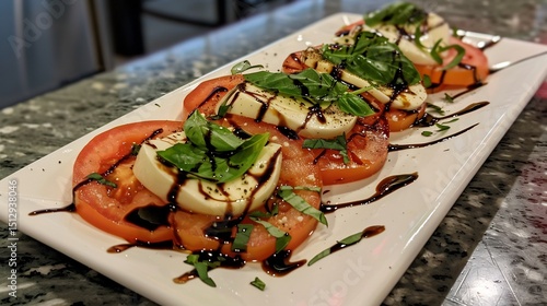 Fresh caprese salad with alternating slices of ripe tomatoes mozzarella and basil drizzled with balsamic glaze