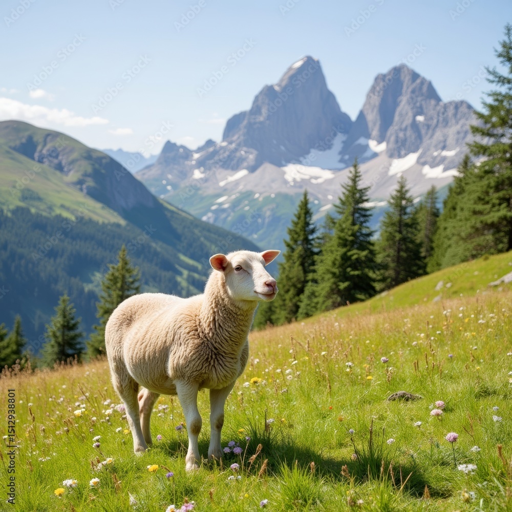 Fototapeta premium Sheep standing in green meadow with mountains in background 