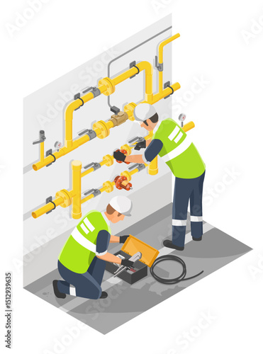 Two professional technicians installing industrial yellow gas pipeline system using specialized tools and safety equipment inside a controlled facility environment