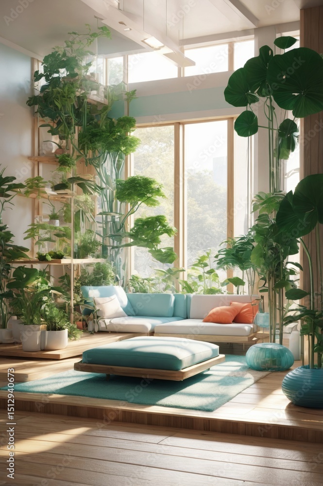 Fototapeta premium Japanese Living Space 3D Render: Hydroponics, Floating Furniture, Overhead