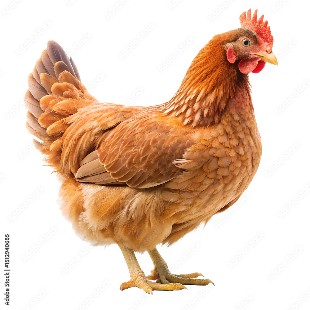 Fototapeta premium A chicken with full-body brown feathers standing on an isolated transparent background. Design Illustration