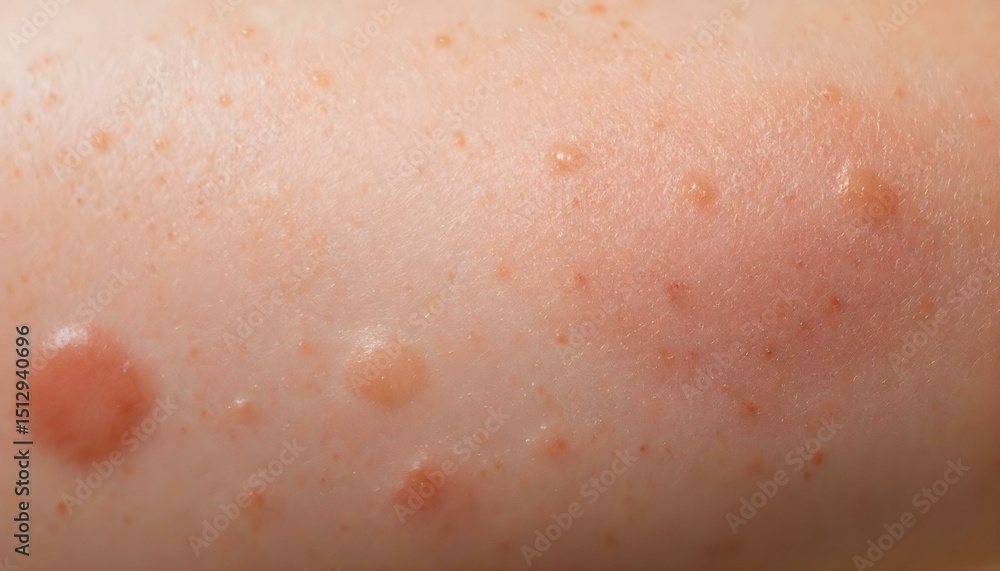 Fototapeta premium Close-up of facial skin with small acne bumps, set against a blurred background of skincare products