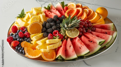 Fresh summer fruit platter with watermelon pineapple berries and citrus slices arranged in a vibrant display