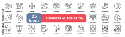 Business Automation icon collection set. Containing automation,workflow,system,process,software,efficiency,productivity,robotics,technology,digital icon. Simple line vector.	