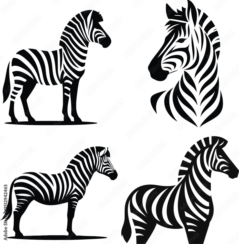 Obraz premium Zebra Silhouette Set | Stylized African Wildlife Vector | Striped Animal Graphic
