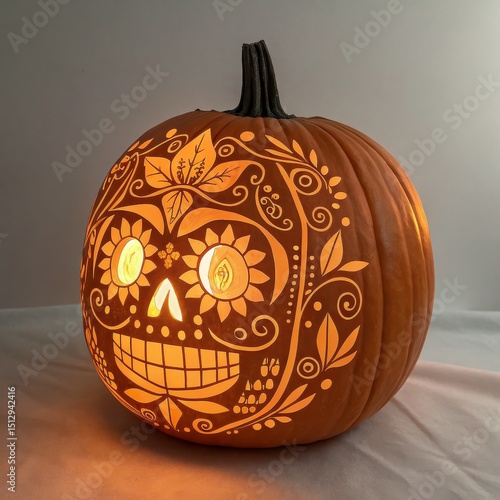 Illuminated Sugar Skull Pumpkin Carving Design, Halloween Decor, Fall Pumpkin Carving, Dia de los Muertos