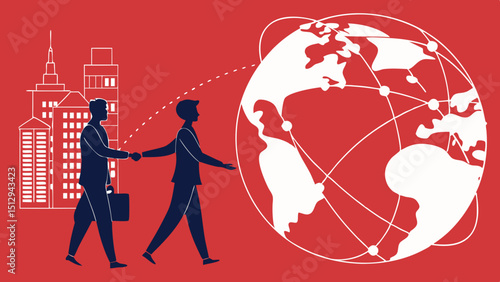 Business Collaboration, Businessman shake hands with 3D global and blur red background night city town vector illustration.
