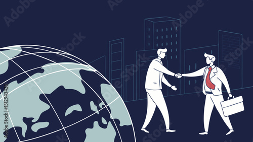 Business Collaboration, Businessman shake hands with 3D global and blur navy blue background night city town vector illustration.
