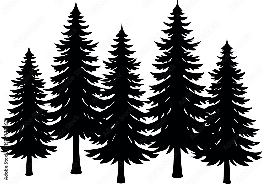 Obraz premium Fir trees silhouettes. Coniferous spruce horizontal background patterns, black evergreen woods vector illustration