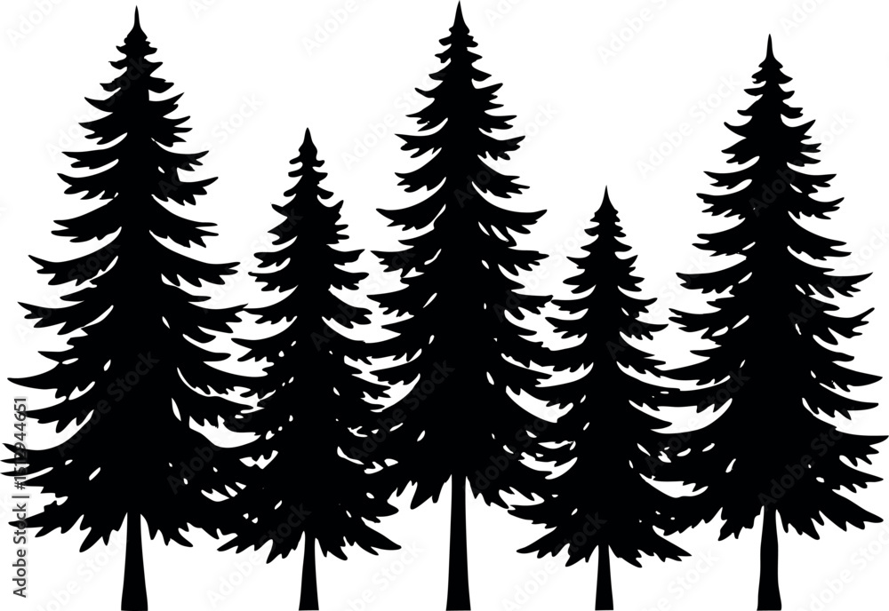 Obraz premium Pine tree silhouettes. Evergreen forest firs and spruces black shapes, wild nature trees templates. Vector
