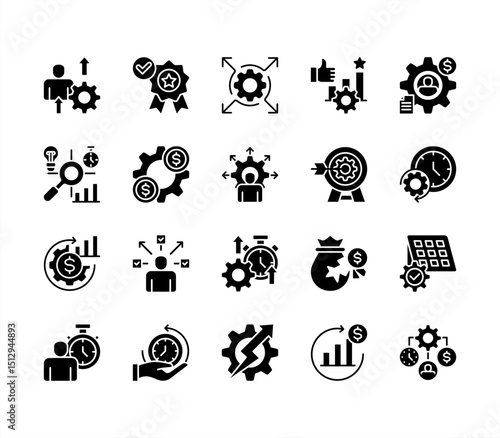 Efficiency icon collection set. Containing productivity, optimization, resource utilization, effectiveness, streamlining, lean processes, time management, cost icon. Simple flat vector.