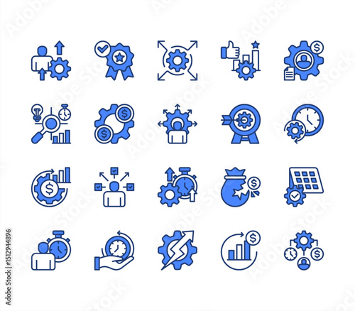 Efficiency icon collection set. Containing productivity, optimization, resource utilization, effectiveness, streamlining, lean processes, time management, cost icon. Simple line vector.