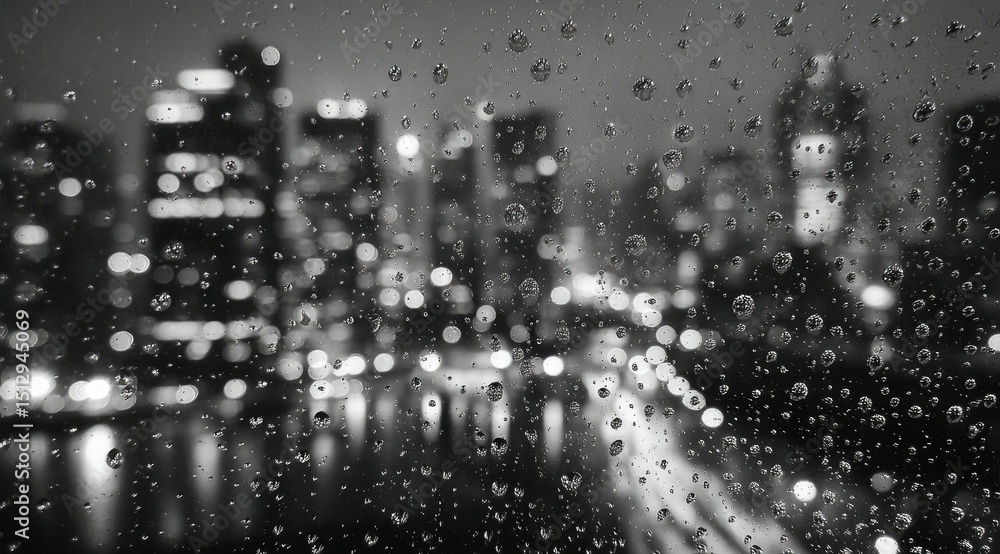 Rain-streaked window obscures a blurred, nighttime cityscape of tall buildings and bright lights, conveying a moody, atmospheric scene Rain-streaked window obscures a blurred, nighttime cityscape of tall buildings and bright lights, conveying a moody, atmospheric scene