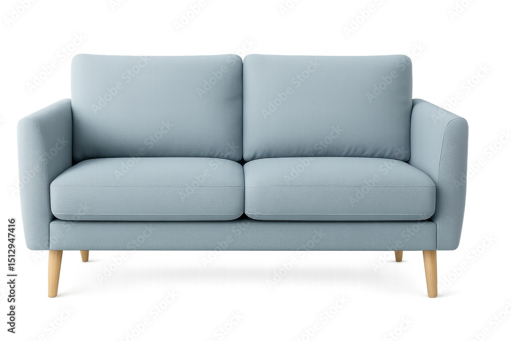 Comfortable light blue sofa with wooden legs isolated on transparent background, perfect for interior design projects Comfortable light blue sofa with wooden legs isolated on transparent background, perfect for interior design projects