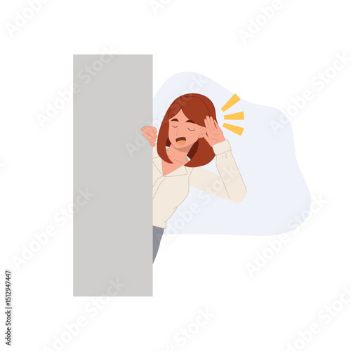 gossip concept. sneaky woman character behind wall listening secretly cartoon style illustration.