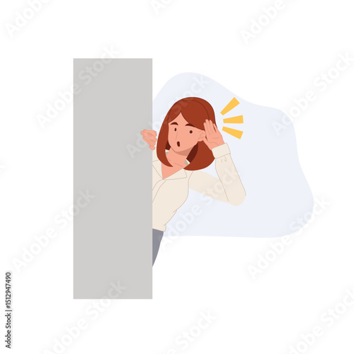 gossip concept. sneaky woman character behind wall listening secretly cartoon style illustration.