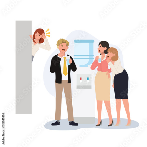 gossip office gossip workplace drama near water cooler with woman eavesdropping behind wall