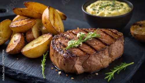Wallpaper Mural A steak and potatoes on a slate board with a bowl of mashed potatoes. Torontodigital.ca