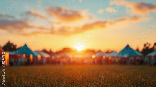 Fototapeta Naklejka Na Ścianę i Meble -  Blurred crowd enjoying a vibrant sunset at a lively music festival with colorful tents, creating an energetic and festive atmosphere