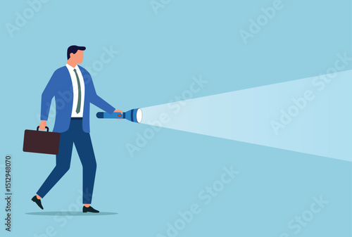Vector illustration of a businessman walking forward with a light illuminating his path, symbolizing guidance, insight, and the relentless pursuit of success through uncertainty and darkness
