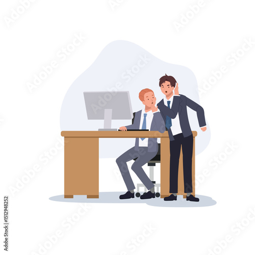 Gossip Moment Between Male Colleagues. Two male office workers interact casually as one gossips while the other works at his desk. Vector illustration.