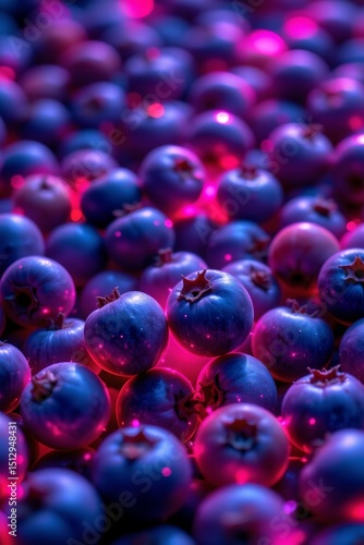 surreal digital scene where blueberries glow with a luminous, ethereal light.