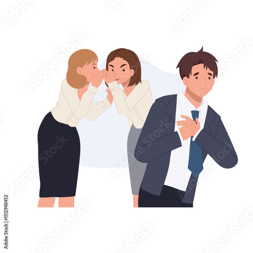 workplace gossip concept. gossip overheard in office workplace drama between female employees and shocked male coworker