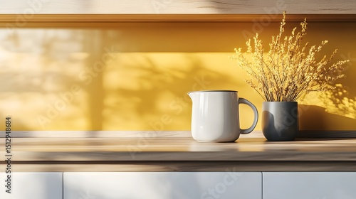 Yellow-toned kitchen counter with a pitcher and dried flowers.