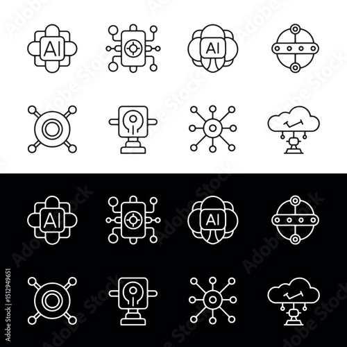 Artificial intelligence set. AI technology icons for web and mobile apps. Machine learning, digital AI technology, smart robotic, cloud computing network, high resolution vector fil