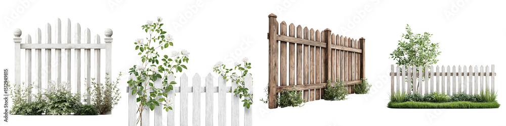 Fototapeta premium Charming wooden and white fences adorned with lush greenery, offering an inviting, rustic appeal for garden designs, landscaping, and outdoor settings