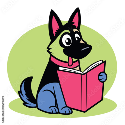 Cartoon shepherd dog character is sitting and happily reading an open pink book