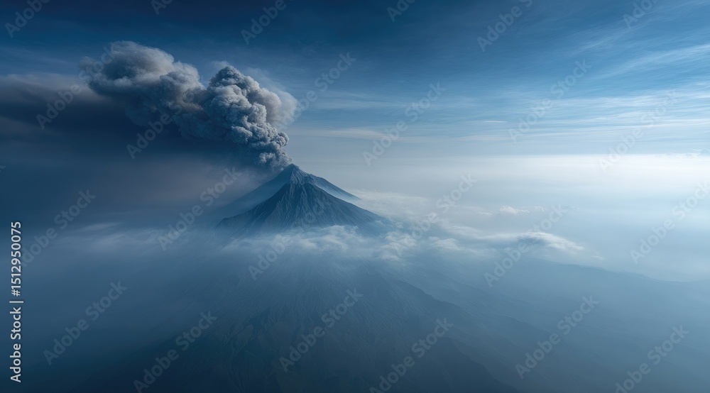 Fototapeta premium A majestic volcano erupts, spewing a dark plume of smoke and ash into a serene, blue-hued sky, partially obscured by a veil of clouds