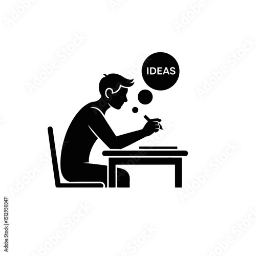 Person sitting at desk writing with ideas in a bubble