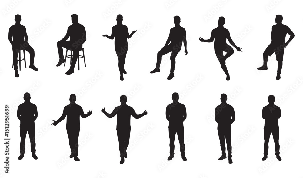 Obraz premium Black silhouette illustrations of men in various poses on a white background