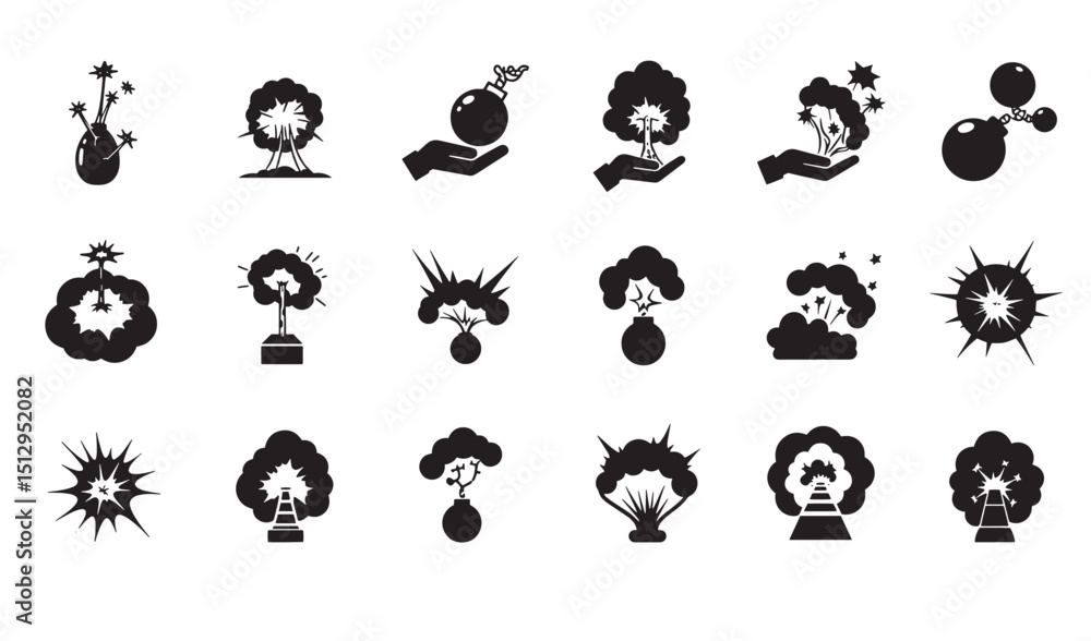 Fototapeta premium Collection of black and white silhouette explosions and bomb icons for design elements