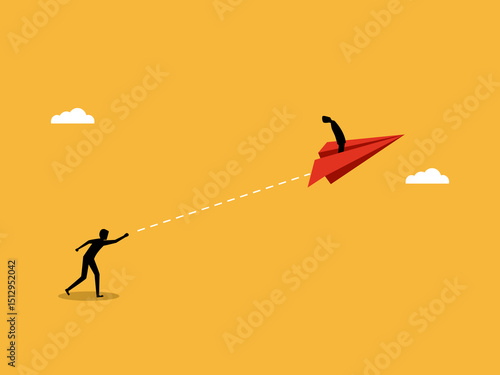 Businessman flies paper rocket to support colleagues