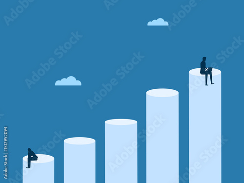 Businessman working at the top of the bar chart with sad people at the bottom
