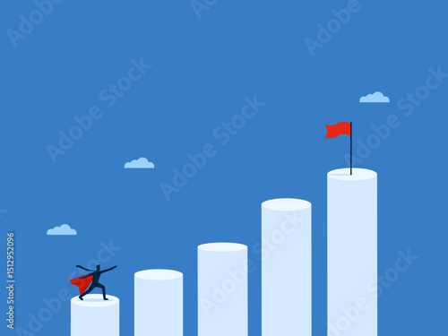 Businessman leader on bar chart striving to achieve goal