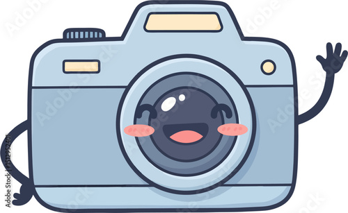 a cute anthropomorphic camera with one arm waving, smiling face.