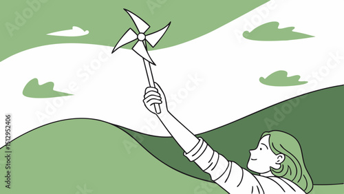 ESG and Clean Energy Concept. Hand Raise up a Wind Turbine Paper into the Sky. World Earth Day, Sustainable Resources, Environmental Care in green and white background. vector illustration.

