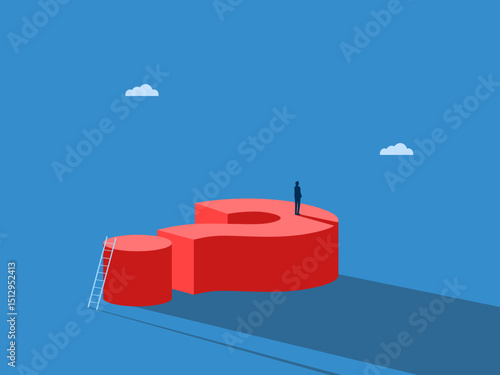 Businessman confidently stands on big question mark and overcomes problems