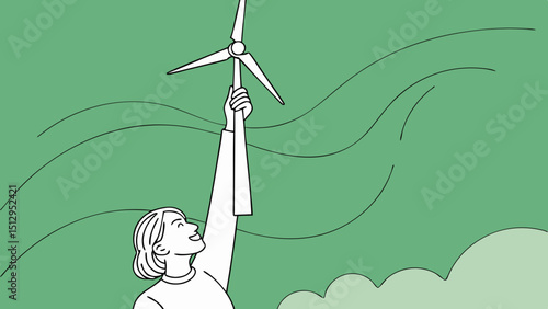 ESG and Clean Energy Concept. Hand Raise up a Wind Turbine Paper into the Sky. World Earth Day, Sustainable Resources, Environmental Care in green background. vector illustration.
