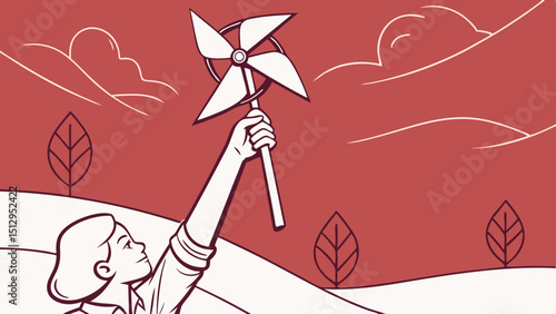 ESG and Clean Energy Concept. Hand Raise up a Wind Turbine Paper into the Sky. World Earth Day, Sustainable Resources, Environmental Care in red background. vector illustration.
