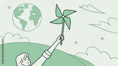 ESG and Clean Energy Concept. Hand Raise up a Wind Turbine Paper into the Sky. World Earth Day, Sustainable Resources, Environmental Care in green and white background. vector illustration.
