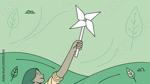 ESG and Clean Energy Concept. Hand Raise up a Wind Turbine Paper into the Sky. World Earth Day, Sustainable Resources, Environmental Care in green background. vector illustration.
