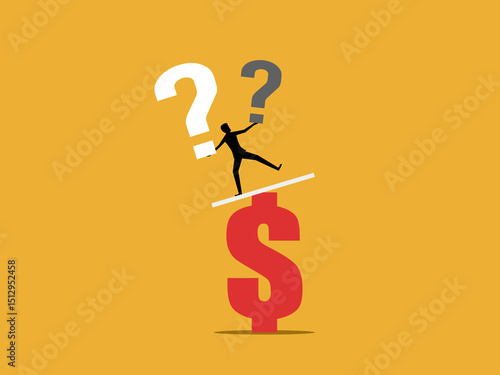 Businessman controls financial problems balances on dollar sign