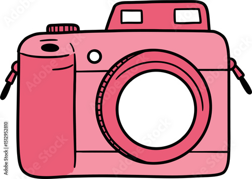 kawaii pink camera with a heart-shaped lens, outlined in bold black, simple vector style.